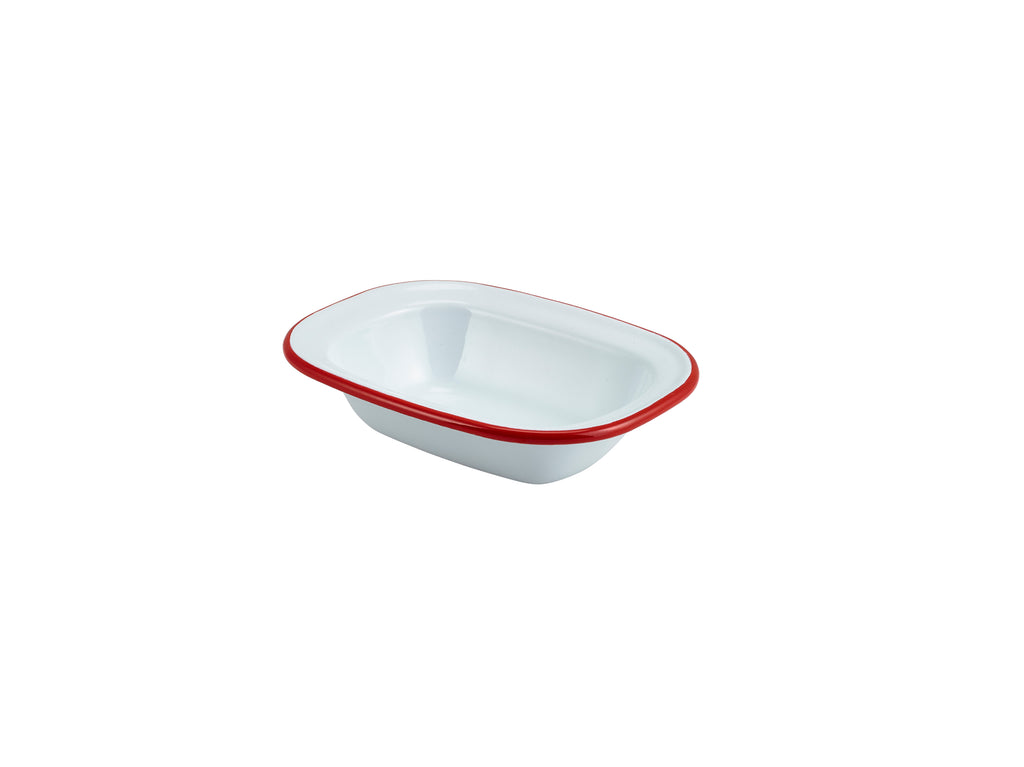 Enamel Rect. Pie Dish White with Red Rim 16cm