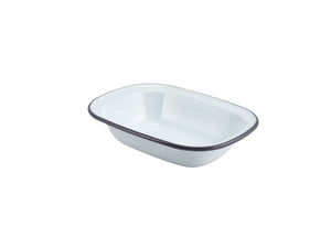 Enamel Rect. Pie Dish White with Grey Rim 20cm